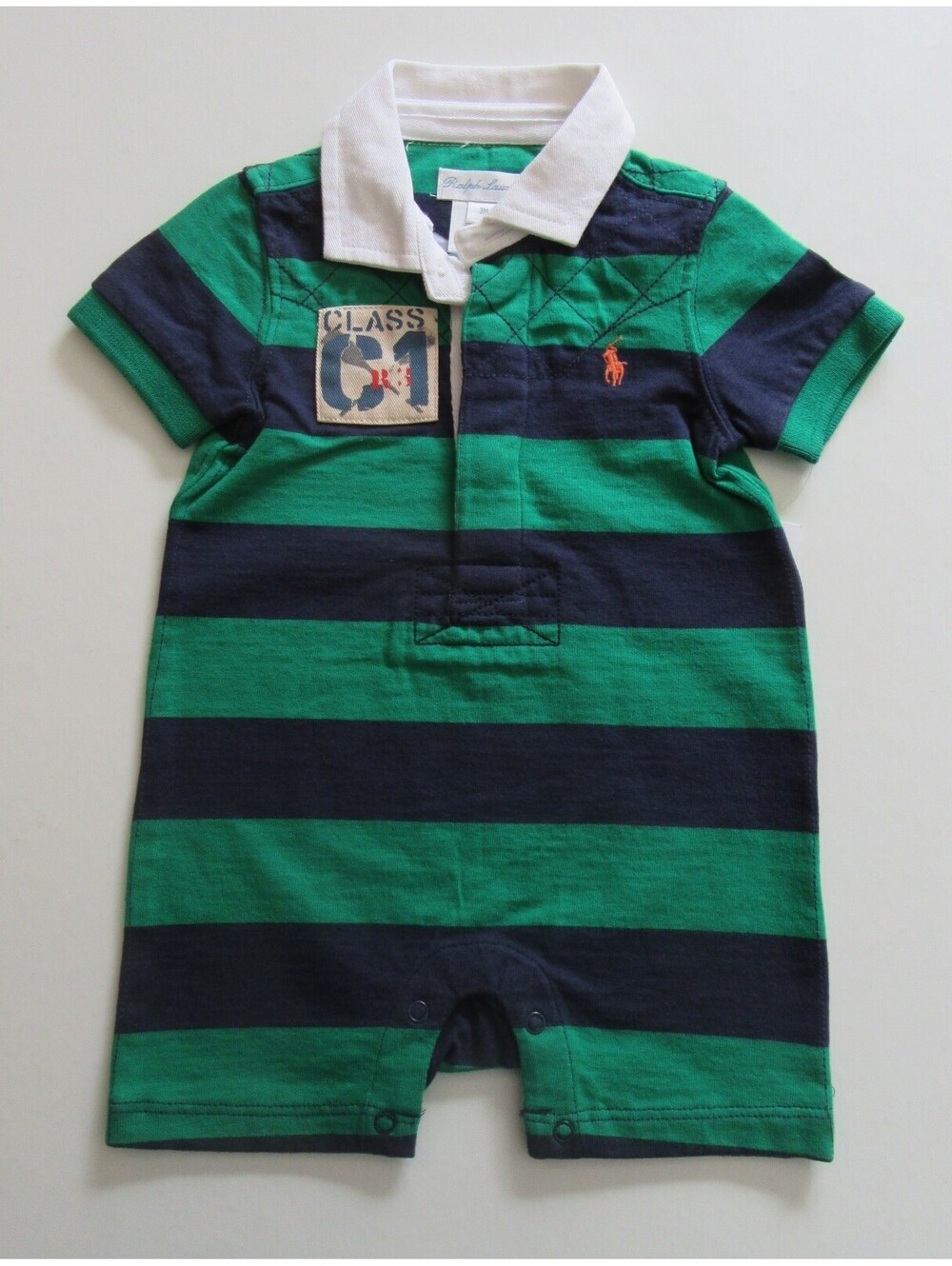 Ralph Lauren Polo Baby Boys One Pc Shortall Rugby Romper Green & Blue Striped 3M
